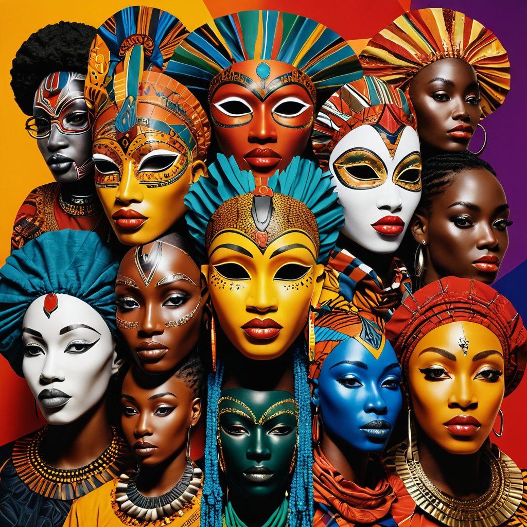 A dynamic collage showcasing vibrant African cultural symbols like masks and textiles intertwined with adult-themed motifs such as abstract sensual forms and poetic symbols. Include diverse individuals engaged in passionate discussions, surrounded by a lively urban backdrop. Use warm, rich colors to reflect the essence of African culture layered with contemporary aesthetics. Art style should be a fusion of realism and abstract elements to enhance depth and intrigue. vibrant colors. 3D effect.