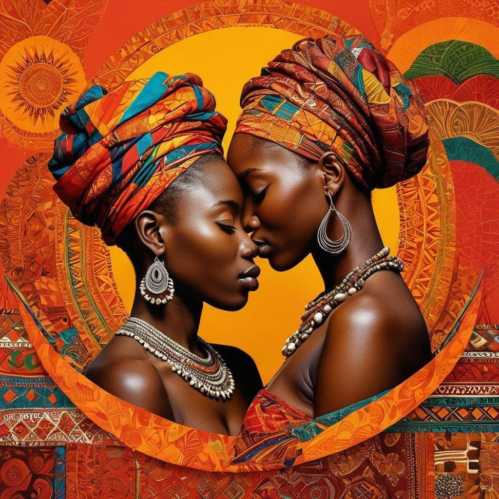 A vibrant collage depicting the diversity of African cultures and intimacy, featuring traditional couples sharing moments of affection, intricate patterns symbolizing love, and lively landscapes representative of various regions. Incorporate elements like colorful textiles, ceremonial artifacts, and natural surroundings to highlight cultural context. The artwork should evoke warmth, connection, and a celebration of sexuality across different African societies. vibrant colors. super-realistic. intricate details.